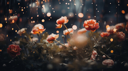 Romantic and Moody Flower Background with Twinkle Lights and Grunge Effect - Muted Pink Color Tones with Fall Florals and Cinematic Styled Grading - Vintage Floral Background or Wallpaper - Valentines