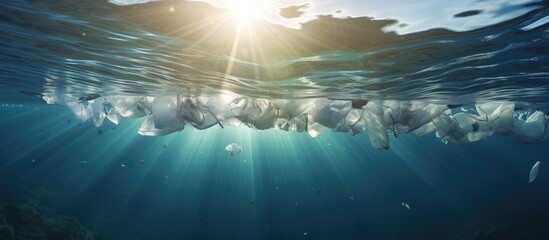 Environmental pollution concept depicted through PET plastic bottles and single use plastic bags floating in the sea or ocean with sunlight illuminating the scene