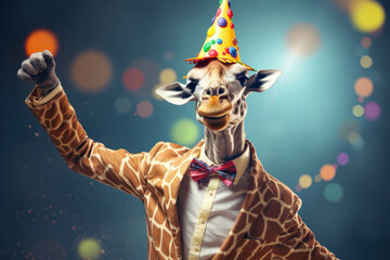 Fototapety  Fashionable giraffe in a party mood Bubble gum, a party hat, and a cool suit in a modern art collage. AI Generative creativity at its wildest!