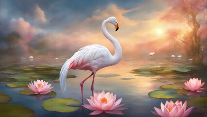 Fototapeta premium A white flamingo standing in the lake.