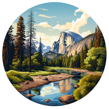 Yosemite National Park Vector Style Illustration Cartoon Style Logo White Background