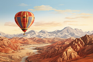 Naklejka premium A hot air balloon soars over a mountain range at dawn, offering a breathtaking view of the beautiful landscape. AI Generative.