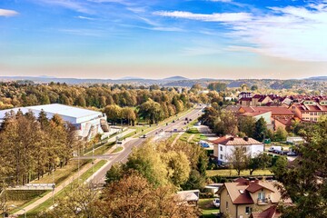 Aerial view of the city of Sanok, Poland. - obrazy, fototapety, plakaty