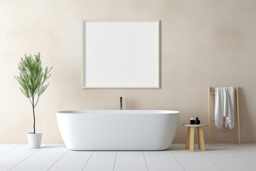 Fototapeta na wymiar A modern, white bathtub in a beautifully designed bathroom, adorned with lush plants. This contemporary interior design is AI Generative.