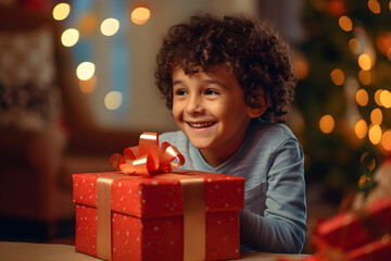 Fototapeta na wymiar child opening a gift box and smiling with joy