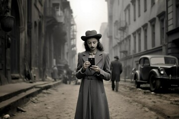 Forbidden concept woman from the past using technology