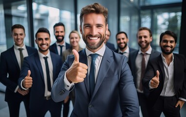 Businessman thump up standing and smile, over big group of businesspeople background	