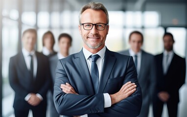 Businessman standing folded hand smile, businessman and businesswoman over big group of businesspeople background