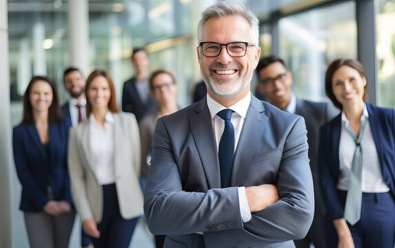 Businessman standing folded hand smile, businessman and businesswoman over big group of businesspeople background