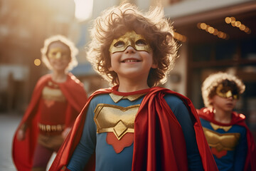 Fototapeta premium boy wearing a superhero costume and playing with his friends