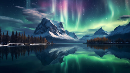 Northern Lights reflecting in a calm frozen lake - obrazy, fototapety, plakaty