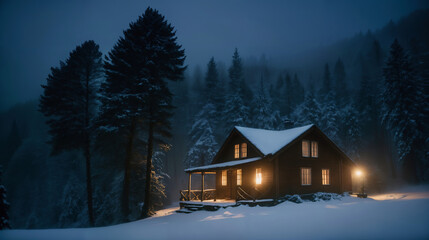 Winter Forest Wooden House - obrazy, fototapety, plakaty