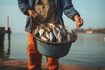 man holding a fishing rod and a bucket of fish