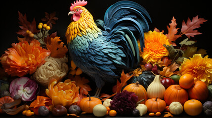 Rooster standing with Thanksgiving art with pumpkin's