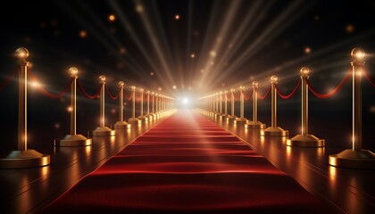 Realistic red carpet and pedestal with illumination and barrier fences with velvet rope