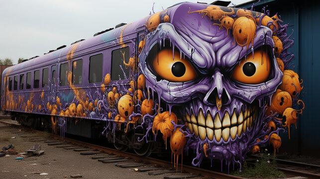 Scary Locomotive or Train with scull face and Pumpkin art