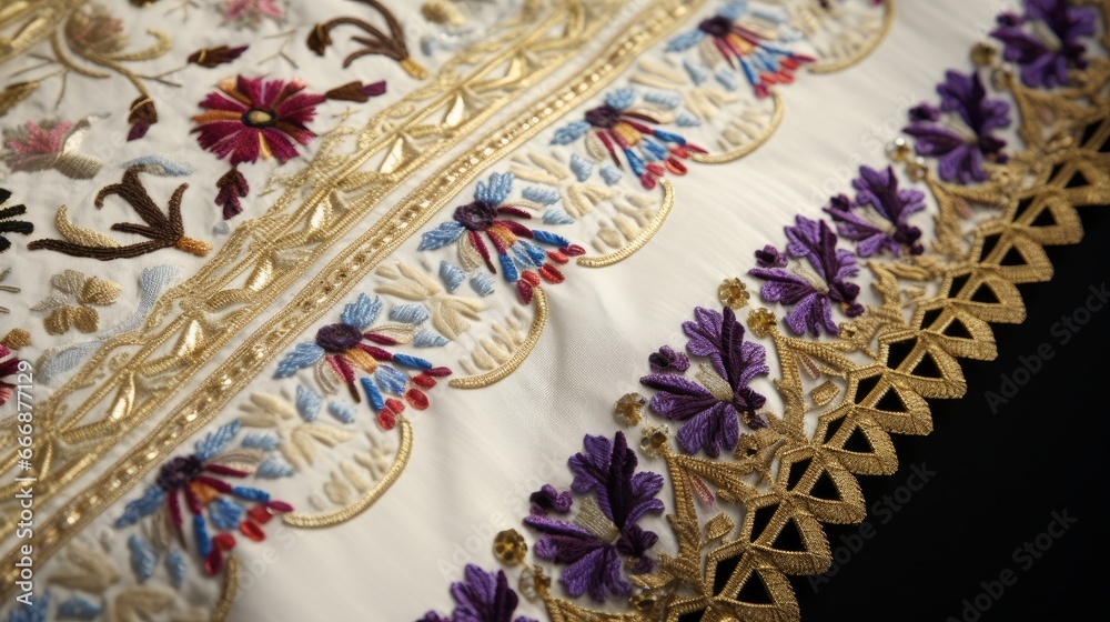 Wall mural A close-up of a Shemini Atzeret prayer shawl, adorned with intricate embroidery and rich symbolism