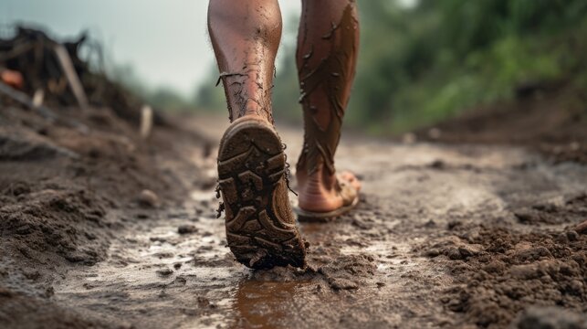A close-up shot of a barefoot person walking on rough terrain, symbolizing the lack of adequate footwear