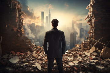 Back View of Businessman Standing Looking at Cityscape From Destroyed Wall Generative AI - obrazy, fototapety, plakaty