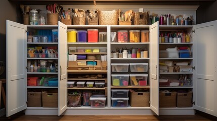 A neatly organized arts and crafts closet with supplies sorted into bins - obrazy, fototapety, plakaty