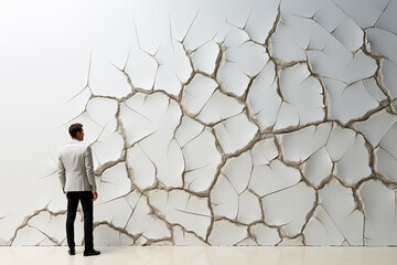 Back View of Businessman Standing on White Wall Cracks Background Generative AI