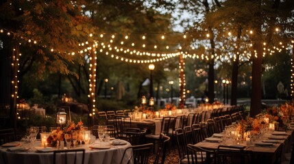 Autumnal outdoor wedding reception with pumpkin centerpieces, string lights, and fall-inspired decor, creating a romantic and enchanting atmosphere