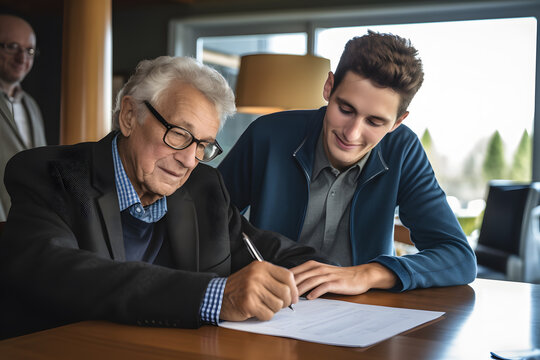 senior citizen signing a document and giving a power of attorney to his adult son