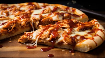 Close-up of a greasy and cheesy slice of BBQ chicken pizza with tangy barbecue sauce