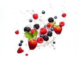 Fruit and berries falling into water splash isolated on white background