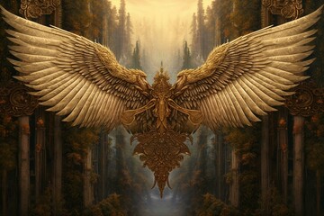 A forest-themed banner showcasing divine archangels with elegant wings. Generative AI