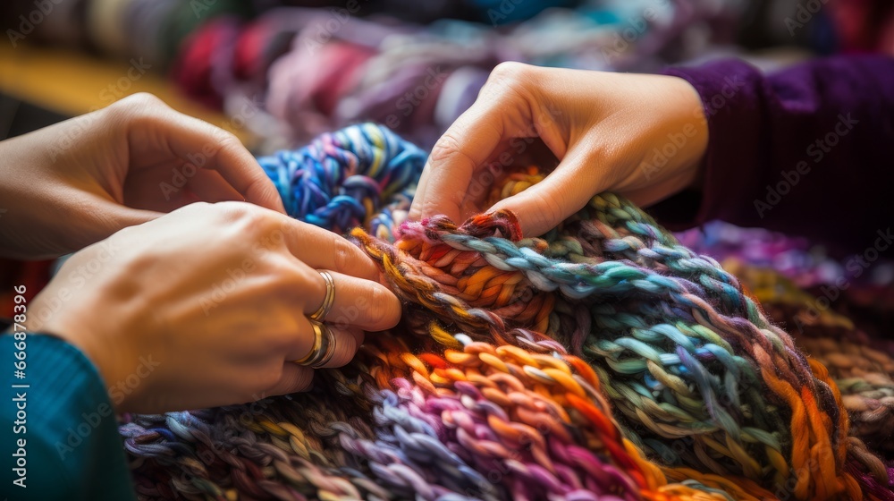 Wall mural Close-up of hands loom knitting a colorful infinity scarf