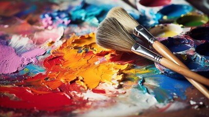 Fototapeta premium Close-up of an artist's paintbrushes and palette