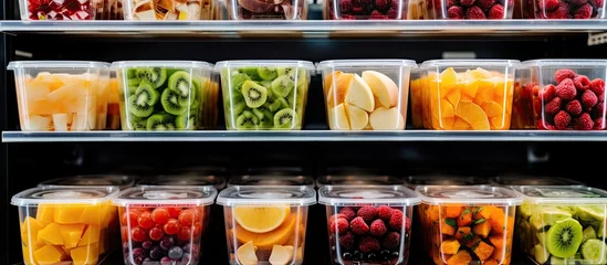 Keuken spatwand met foto Pre packaged fruit salads in plastic boxes for sale in a refrigerator © AkuAku