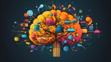 Colorful brain with various thoughts and emotions, emphasizing the importance of mental health - obrazy, fototapety, plakaty