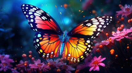 Vibrant butterfly in flight amidst a beautiful garden of blooming flowers