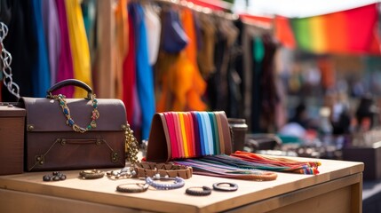 Colorful LGBTQ pride-themed accessories and flags displayed at a market stall - obrazy, fototapety, plakaty