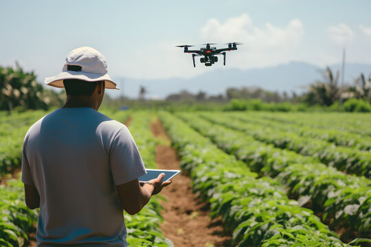 A Farmer Using Drone Technology on the Farm for analyze seed growing