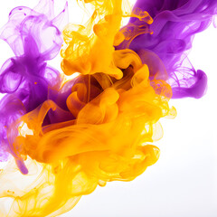 Yellow and purple smoke, dissolving in water abstract on white background
