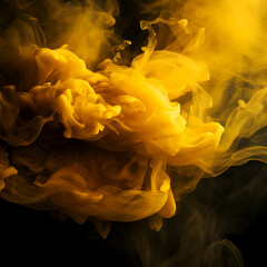 Yellow smoke, dissolving in water abstract on dark background