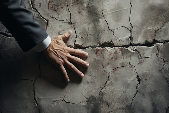 Generative AI Image of Hand of Businessman Holding Wall Cracks