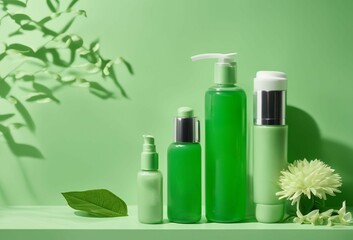 Cosmetic products with flowers and leaves green beautiful background.