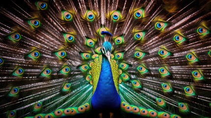 Obraz premium Majestic peacock displaying its vibrant and captivating plumage