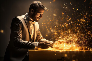 Generative AI Image of Businessman Finding Treasure with Sprinkles of Sparkling Gold - obrazy, fototapety, plakaty