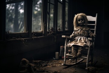 Haunted doll sitting in an old rocking chair. Halloween horror background - obrazy, fototapety, plakaty