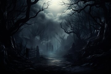 Haunted forest with mist. Halloween horror background