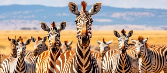 Gordijnen Zebras giraffe Serengeti National Park © AkuAku