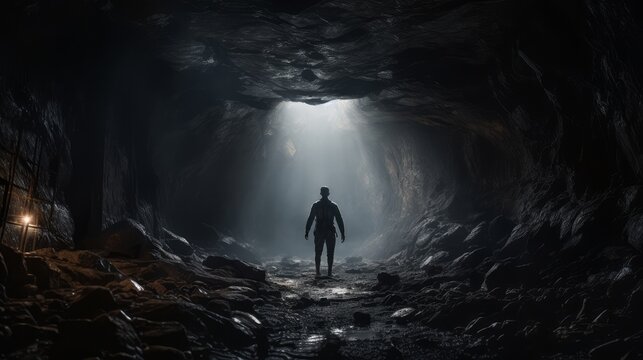 Man challenging fear of tight spaces by exploring a cave.