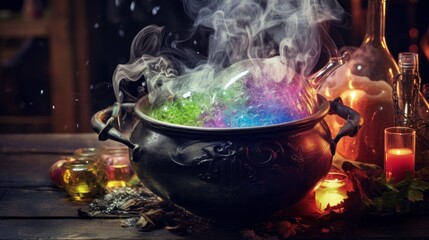 Mysterious witch's potion brewing in a cauldron, with colorful liquids and smoking bubbles, adding an element of enchantment to Halloween imagery