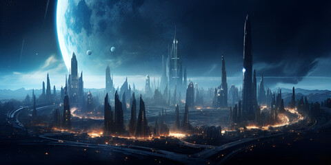 Scenery of Alien Planet in Deep Space Space Landscape Desert Landscape on the Surface of Another ,Vast city landscape in the future blue tone dramatic lighting generative ai 
