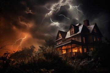 Naklejka na ściany i meble Raging thunderstorm illuminating a haunted house. Halloween horror background